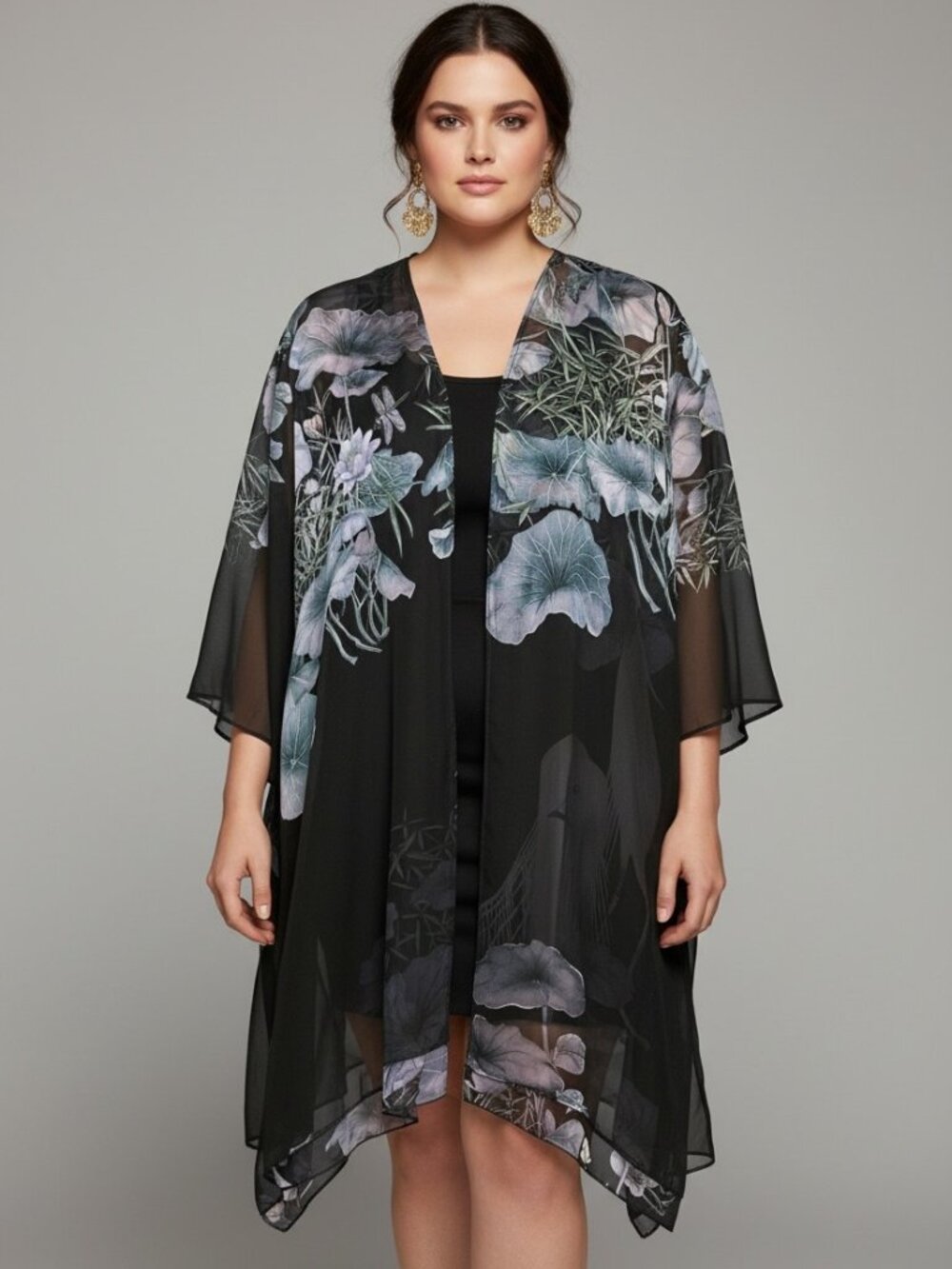 Citron Santa Monica Silk Kimono Duster Jacket Black Lotus Heron Print Size 1X